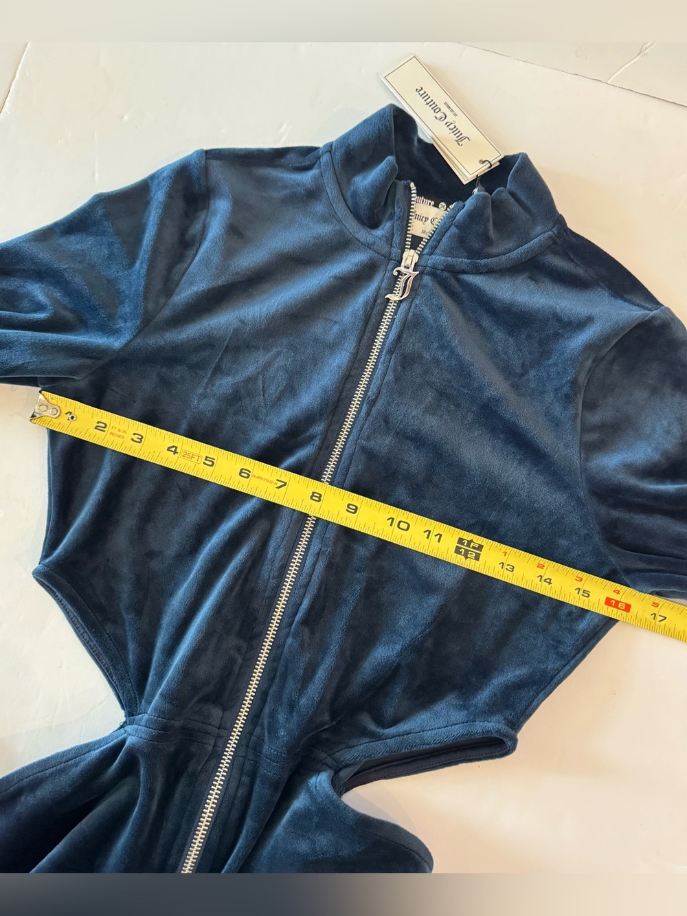 Juicy Couture Velour Cutout Jumpsuit Navy Rhinestone Logo Long Sleeves- size M - Picture 10 of 15